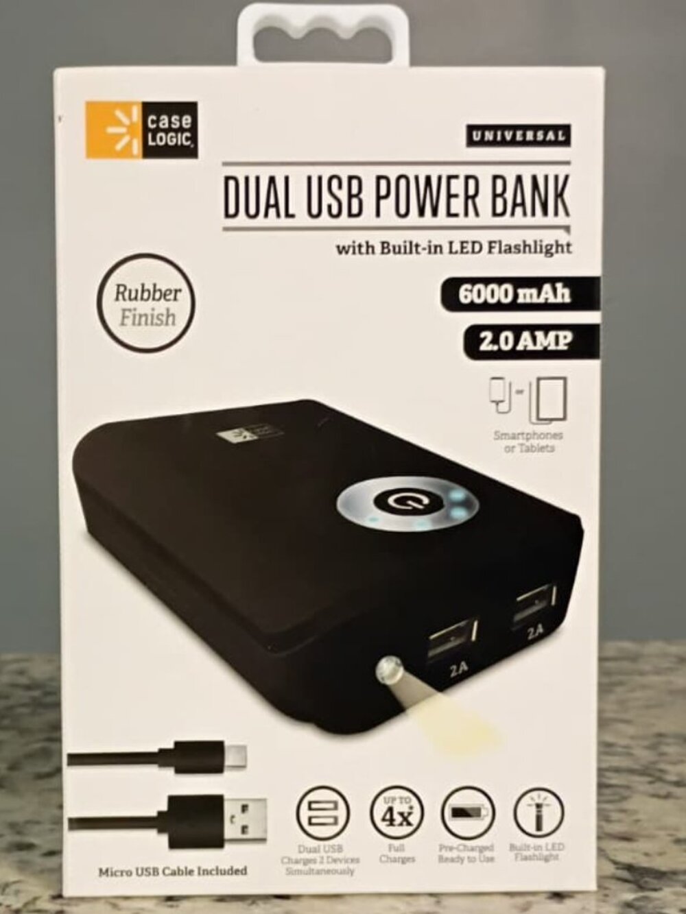 Case Logic Dual USB Power Bank-Built-In LED Flashlight-Black-6000mAh-2.0 AMP-NEW